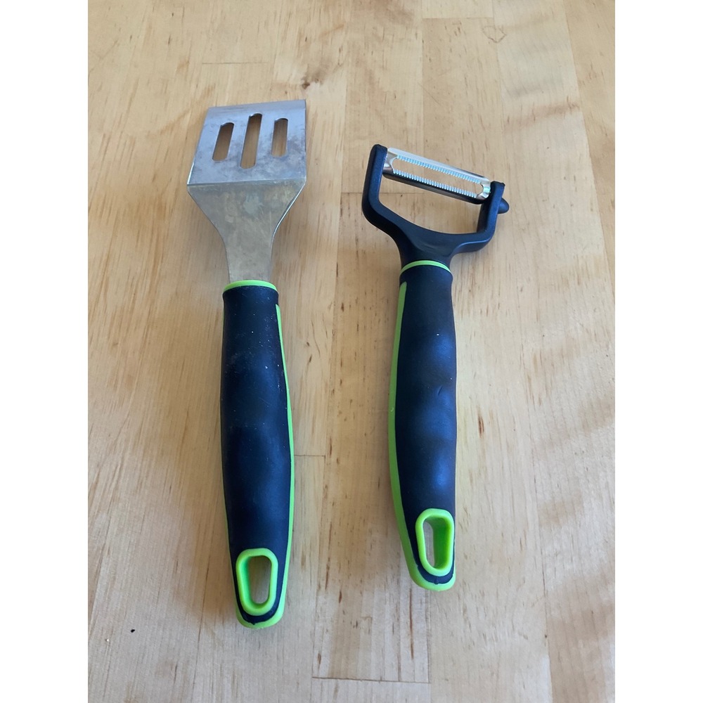 Kitchen Tool Set Slotted Spatula Turner and Serrated Y Peeler Black Lime Green